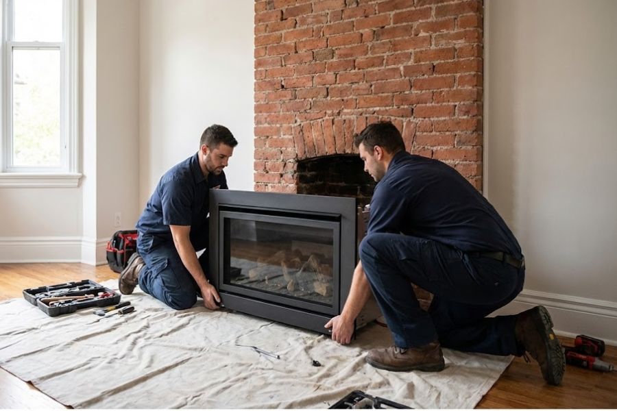 modern gas fireplace installation living room