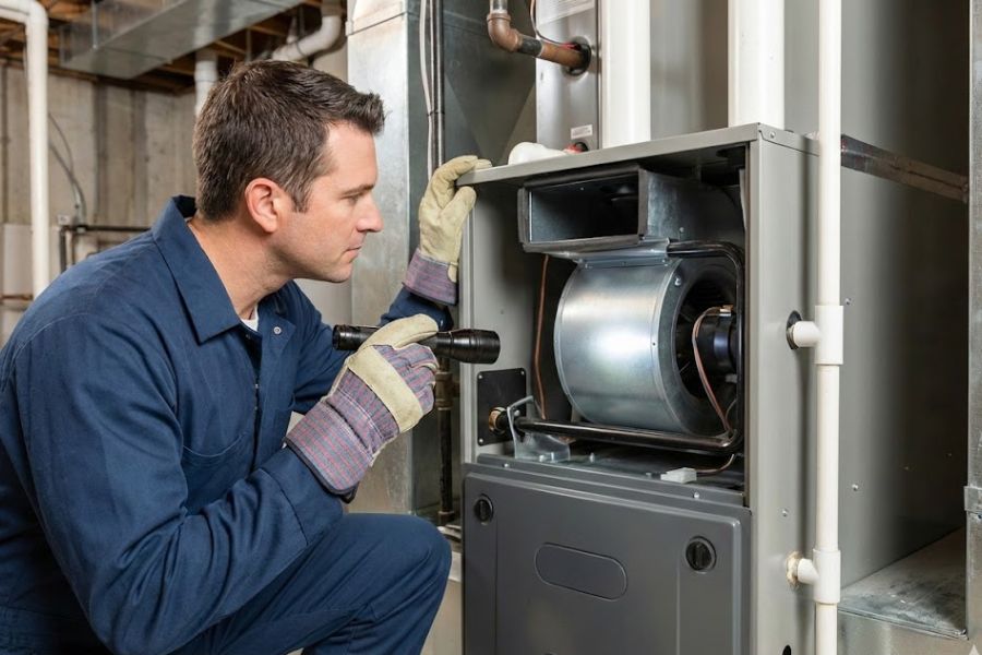 hvac technician inspecting noisy furnace