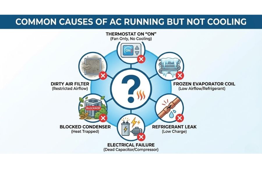 common causes ac running but not cooling infographic