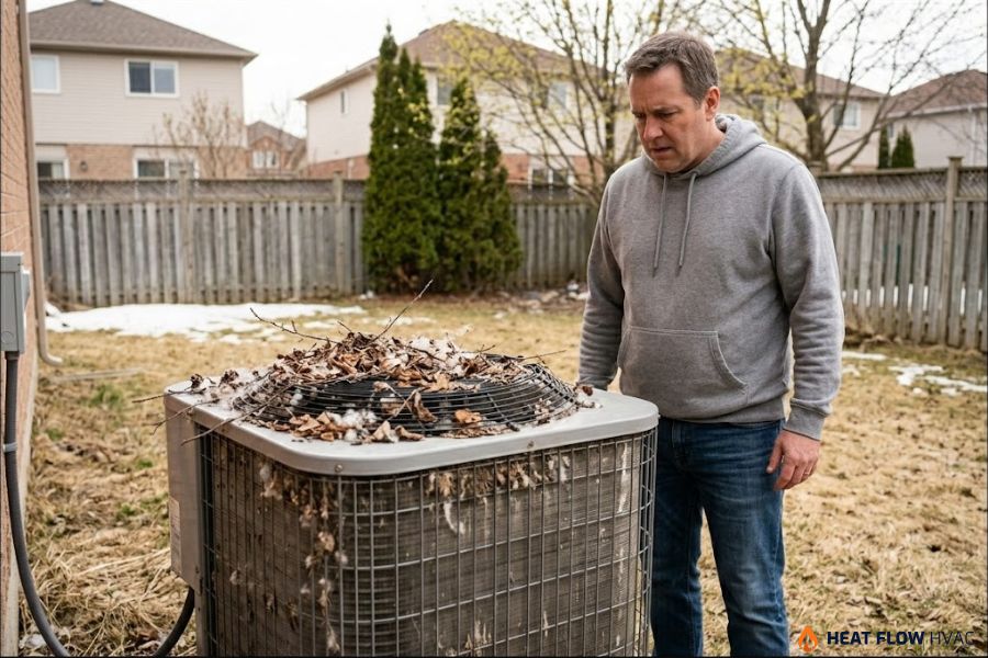 neglected air conditioner spring debris